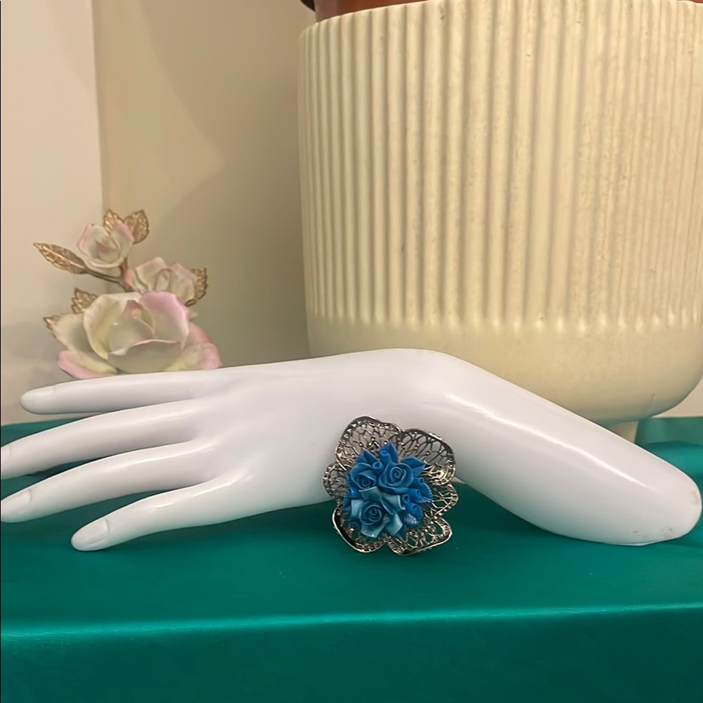 Blue resin floral on silver tone underlay dual brooch/pendant